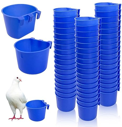Rainmae 50 Pcs Cage Cups Birds Hanging Feeders Chicken Water Cups Bird Food Bowl 8 oz Plastic Bird Water Dispenser for Small Coop Parrot Parakeet Pet Poultry Pigeon Gamefowl Seed Bowl Supplies (Blue)