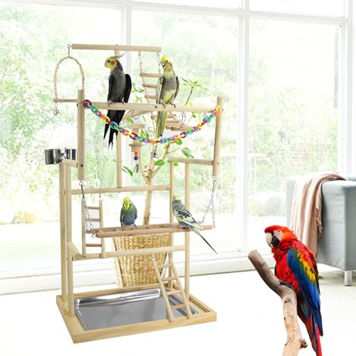 Whemyreat Aire de Jeu pour Calopsittes - Grande Structure 4 Niveaux pour Perroquets et Perruches - Support avec Perches et Échelle en Bois Naturel
