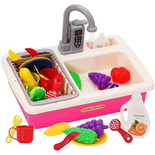 Kids Kitchen Play Sink Toy Set Pretend Role Play Kitchen Toys Kitchenware Toys Set with Running Water Cycle System,Plays Food and Cutting Plays for Boys Girls 3 4 5 6 7 Years Old(Pink)