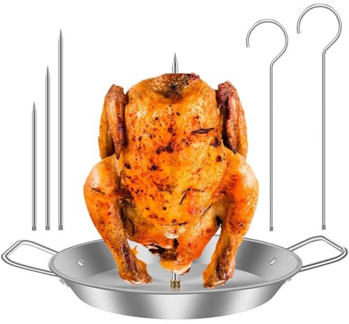Brocheta vertical de acero inoxidable para barbacoa de barbacoa, pincho vertical, soporte para pollo, asador de pollo con 3 pinchos extraíbles y 2 ganchos, pincho de carne para barbacoa kebab (A)
