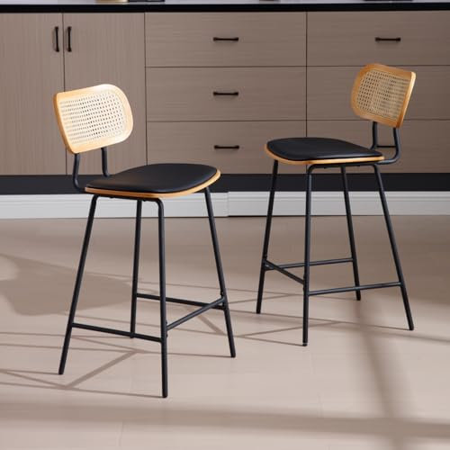 chairus Barhocker aus PU Leder 2er Set Küchenhocker Bistrohocker mit Rattan Rückenlehne Tresenhocker Barstuhl Wohnzimmer (Schwarz)