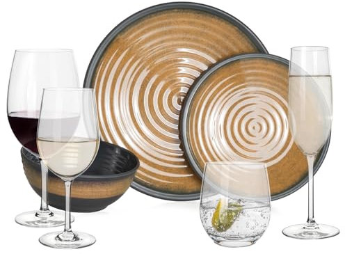 Vaisselle de camping en mélamine pour 4 personnes - Stone Curry + 16 verres Timo - Verres à eau - Verres à vin - Verres à champagne - Vaisselle de table pour pique-nique et barbecue