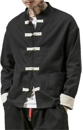 Manteau chinois traditionnel rétro pour homme Autmn Tang Costume Col mandarin Boucle Veste Oriental Coton Kung Fu Chemise, Manteaux noirs, L