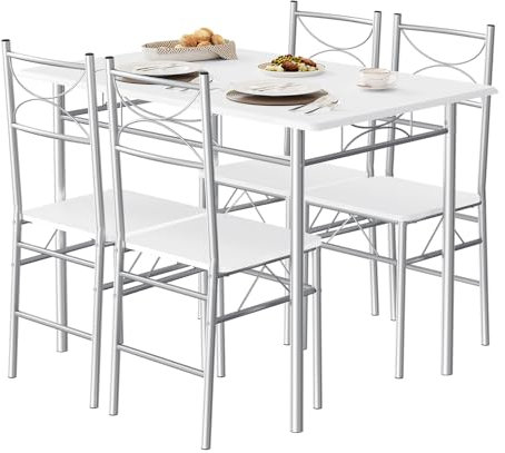 WOLTU Esstisch mit 4 Stühlen, Essgruppe Set für 4 Personen, Sitzgruppe Küche Esszimmer, Küchentisch, mit Metallgestell, MDF, weiß silbern