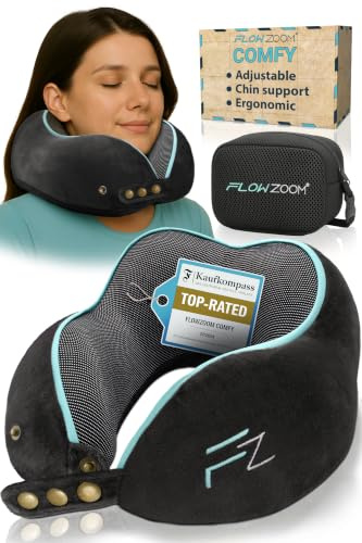 FLOWZOOM Comfy Memory Foam Travel Pillow for Airplane & Car – Adjustable Travel Neck Pillow with 360° Support, Soft, Washable Plush Cover and Compact Mesh Bag - Black