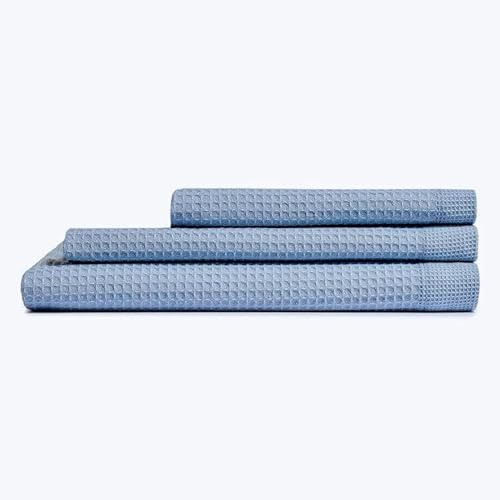 Corredocasa Tris Asciugamani Puro Cotone Bianco Nido d'Ape-Telo Doccia Asciugamano Viso e Ospite 100% Morbido e Soffice Cotone per Casa, Forniture Alberghiere B&B e Casa Vacanza (Celeste)