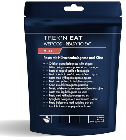 Trek'n Eat Pasta mit Hühnchenbolognese und Käse – Ready to Eat – Sofort verzehrfertig ohne Kochen – Ideal für Outdoor, Camping, Trekking und Notvorrat – Nahrhaft, lecker und lange haltbar