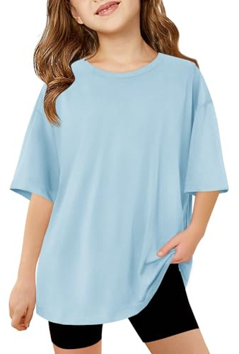 Haloumoning T-shirts filles col rond manches courtes couleur unie décontracté haut de sport pour enfants été chemises surdimensionnées hauts basiques décontractés.