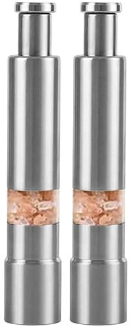 Salz und Pfeffermühle – metall mahlwerk, küchenmühle, gewürzspender | moderne druckknopf-mühle mit rostfreiem stahlgehäuse und komfortgriff für einhändige verwendung bei kochen oder servieren zuhause