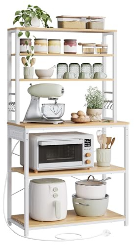 VASAGLE Baker's Rack with Power Outlet, Coffee Bar for Kitchen with Storage, 6-Tier Kitchen Shelves with 6 Hooks, Microwave Stand, 40 x 60 x 167 cm, Golden Oak and Cloud White KKS124Y02