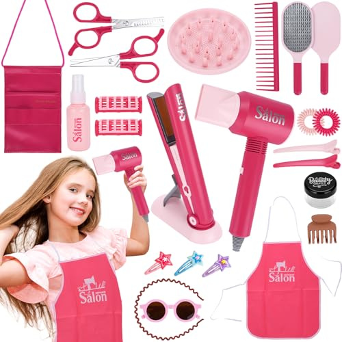 TAVADA Ensemble de Salon de Beauté,Kit Coiffure pour Enfants,25 Pièces Jouets de Salon de Coiffure pour Filles,Coiffure Salon de Beauté Jeu de Role Cadeau pour Fille 3 4 5 6 7 Ans - Rose