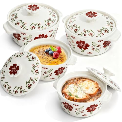 Coloch 4 Pack Mini Cocotte Set with Handle, 8 Oz Ceramic Ramekins with Lids Round Mini Casserole Dishes Souffle Soup Bowls Individual Serving Pot for Baking, Souffle, Creme Brulee, Oven Safe, Red