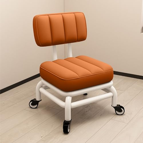 Taburete rodante con soporte trasero, giro de 360 grados, piel sintética, marco de metal para el hogar, oficina, garaje, uso de masajes
