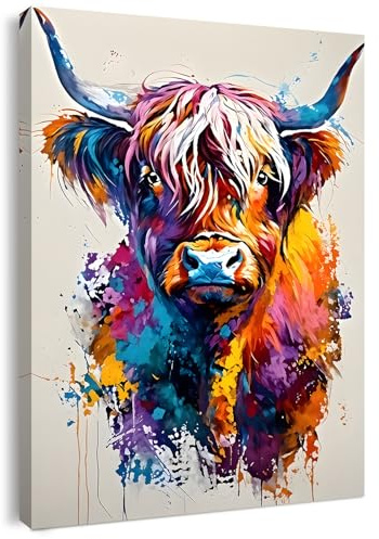Qiukoo Wall Art – Colourful Highland Cow Canvas Print, Modern Abstract Animal Artwork for Bedroom, Living Room, Hallway or Stairs, with Pre-Mounted Frame and Hanging Hooks, 12 x 16Inches