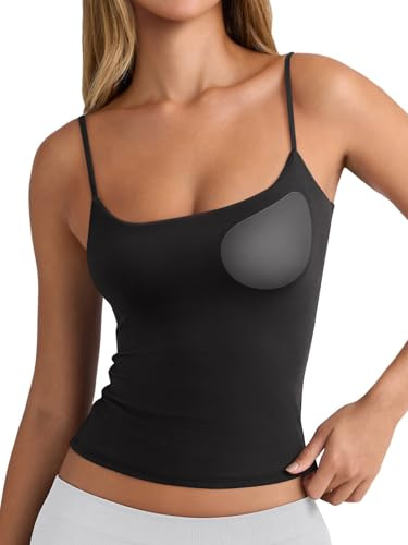 PINKMSTYLE Tank Tops for Women Built in Bra Basic Double Lined Summer Spaghetti Strap Sleeveless Camisole Top Workout Shirts Black Medium