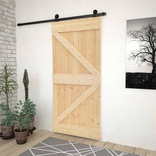 Holepyr Skjutdörr av massiv furu naturlig och svart 90 x 210 cm med pulverlackerad stålskena, platsbesparande design för inomhusbruk och enkel montering