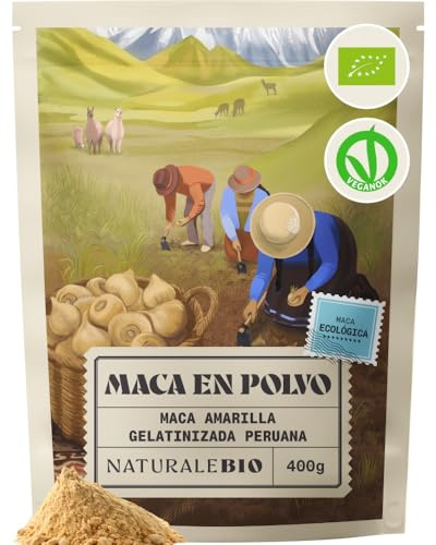 NaturaleBio Organic Gelatinised Maca Root Powder, Nutrient-Rich | 400 g. Gelatinised Peruvian Maca Powder Rich in Iron for Energy Smoothies Shakes Porridge and Baking Helps Reduce Fatigue