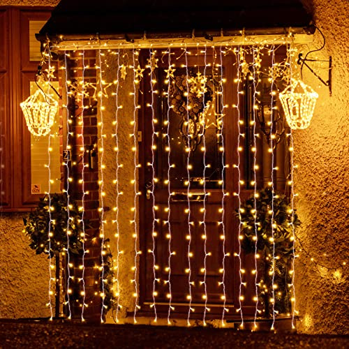 SALCAR Cortina de luces LED, 6 * 3m LED cadena, impermeable 600 LED tira para sala de estar, jardín, terraza, fondo de TV, patio, etc. - Blanco cálido