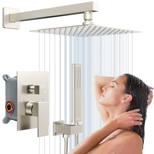 Rain Shower System Sets Faucet: EMBATHER 10 Inch Overhead Rainhead Shower Combo Set With Handheld And Valve-Luxury Modern Mixer Rainfall Brushed Nickel Shower Faucets Sets Complete