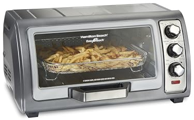Hamilton Beach Air Fryer Toaster Oven Combo with Large Capacity, Fits 6 Slices or 12” Pizza, 4 Cooking Functions for Convection, Bake, Broil, Roll-Top Door, Easy Reach Sure-Crisp, Stainless Steel