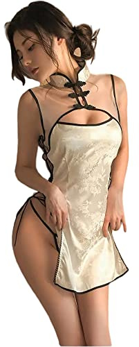 SINROYEE Vestido de lencería sexy de anime para mujer, vestido de Cheongsam chino Qipao, babydoll para mujer, vestido corto ajustado con abertura alta (blanco #7)