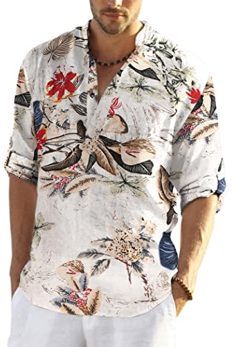 COOFANDY Camicia Casual da Uomo in Lino e Cotone con Collo Henley a Maniche Lunghe Motivo Floreale Kaki M