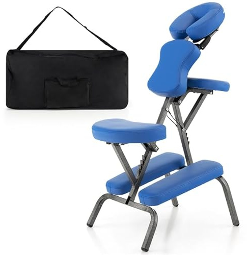 GOPLUS - Silla de masaje plegable con altura ajustable 110-120 cm, cojín con 24D esponja elástica de buena recuperación, diseño ergonómico, bolsa de transporte, carga 150 kg (azul)