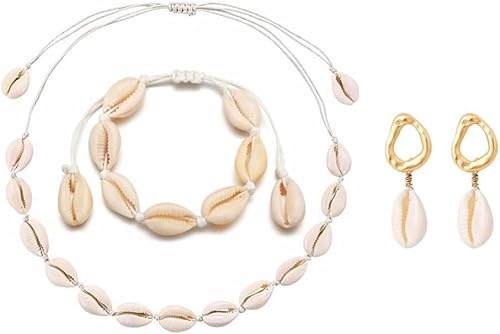TOFBS 3 Pièces Ensemble Bijoux Coquillages Naturels Collier Bracelet Boucles D'oreilles Tressé Artisanal Bohème Été Plage