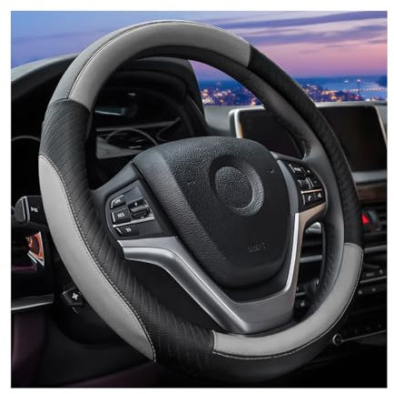 JNNJ Steering Wheel Cover Car, O-shaped Steering Wheel Cover, 38cm, Black/Grey, Faux Leather