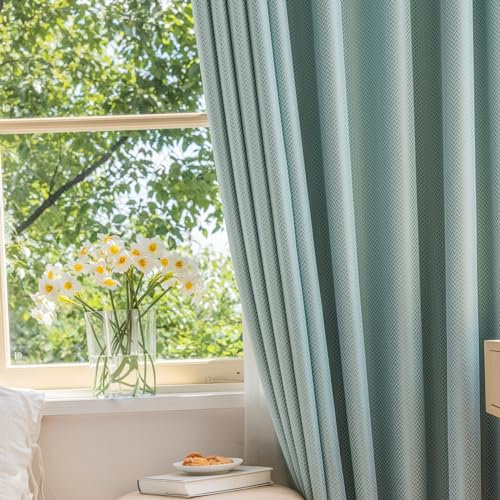Whoiy Wohnzimmer Vorhänge Blau Jacquard mit Ösen 160 cm Lang, Einfarbig Blickdichte Gardine Vorhang Polyester Verdunklungsvorhang für Schlafzimmer, 160x96 cm