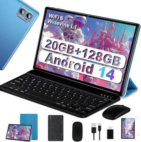 2024 Neueste Tablet 10 Zoll mit Widevine L1, Android 14 Tablet, 20GB RAM+128GB ROM(TF 1TB), Octa-Core 1.8GHz,WiFi 6, 6000mAh, Bluetooth 5.0, 1280 * 800, 8MP+5MP, Tablet mit Tastatur und Maus,Blau
