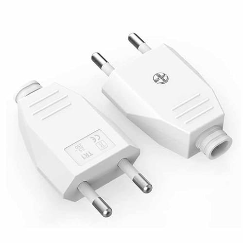 TECHZOCO Clavija Enchufe Bipolar, Clavija Bipolar Recto, Enchufe recto Sin Toma de tierra, Conector Enchufe plano, Contactos fabricados en latón niquelado, 10A | 250V, Macho, Blanco, Pack 2 unidades