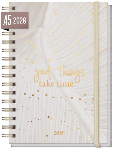 Häfft® Lieblings-Timer Kalender 2026 A5 Sparkling Leaf Hardcover Terminplaner, Spiralkalender, Terminkalender, Wochenplaner, Ringbuch Planner - nachhaltig & klimafreundlich