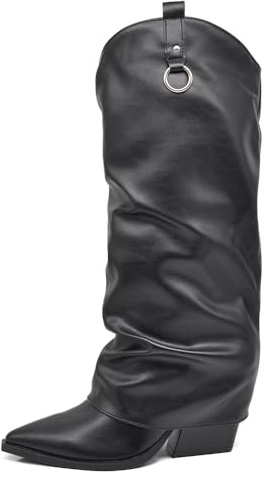 IF Fashion Stivali Texani Arricciati stropicciati Da Donna A Punta Con Tacco E Ghetta Risvolto MP742-2 nero N.39