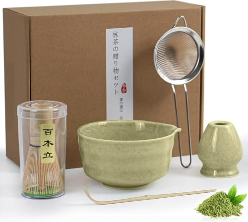 Matcha Whisk Set of 5, Japanese Tea Set, Matcha Bowl with Spout, Bamboo Matcha Whisk, Scoop, Sifter, Whisk Holder Starter Kit for Tea Drinking Gift for Friend Family