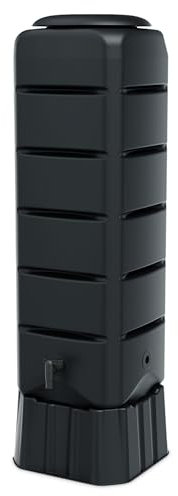 Regentonne eckig anthrazit mit Wasserhahn und Sicherungsgurt - 120 L - Kunststoff Regenfass grau 130 x 37 cm mit Standfuß - Regentank Wassertank Wassertonne Wasserspeicher Gartentonne Regensammler