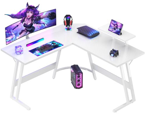 Devoko Bureau Gaming d'angle 120 x 120cm avec Support d'écran, Table Informatique en Coin,Bureau Gamer en Forme de L Table pour Etudier, Jouer et Travailler Carbon Blanc