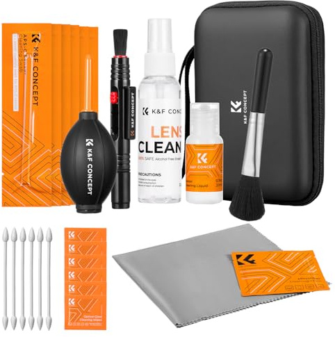 K&F CONCEPT 25-in-1 Camera Lens Cleaning Kit with 16mm Swab x 6, 60 + 20ml Cleaning Fluid, Storage Case, Lens Pen, Brush, Air Blowing, Cleaning Cloth*2 for DSLR Camera Lens Filter Sensors