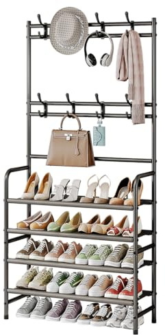 YIZAIJIA 4 Tier Coat and Shoe Rack Entryway Coat Rack with 8 Hooks Shoes Organizer for Living Room Bedroom Office Brown