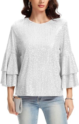 Chemisier à paillettes à manches longues et col rond entièrement doublé pour femme, S-argenté, XL