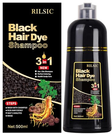500ML Black Hair Dye Shampoo for Grey Hair Beard Coverage, 3 in 1 Instant Colour Shampoo for Men&Women