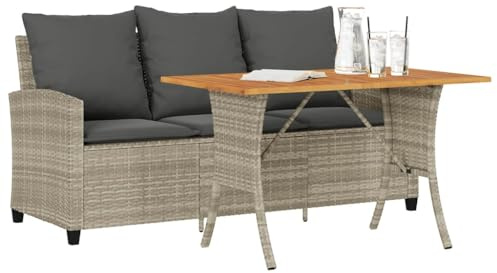 WEMYUFURN Divano da giardino a 3 posti, in polietilene, rattan sintetico, per esterni, con tavolo in legno di acacia e cuscino imbottito, resistente alle intemperie, per terrazza