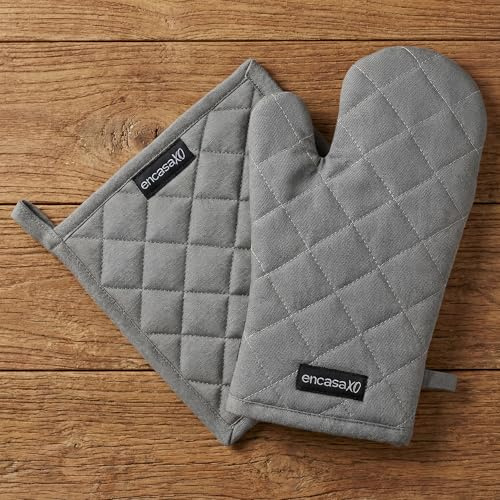 Encasa XO Guanti da Forno e Presina in Cotone, Resistenti Grigio