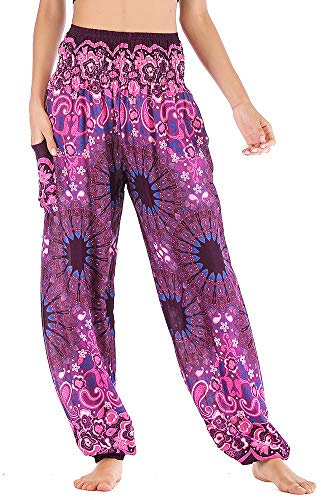 Nuofengkudu Damen Haremshosen High Waist Hippie Muster Baumwolle Pumphosen mit Taschen Leicht Weite Luftige Stoffhose Yogahose Sommerhose Strandhose(Einheitsgröße,Violett Blume)