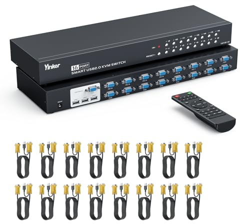 Conmutador KVM de 16 puertos, consola KVM VGA 16 x 1 con 16 cables IR remoto y orejas compatibles con HD1080P 1U