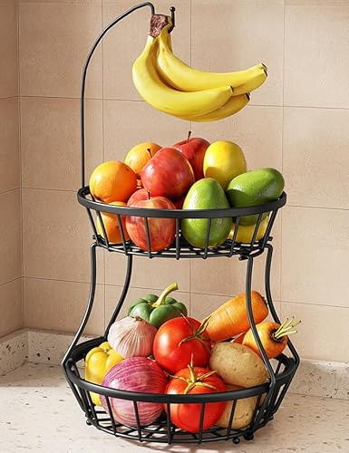 SAYZH 2-Tier Fruit Basket Bowl Stackable Vegetable Storage with Banana Tree Hanger Stand for Kitchen Countertop, Metal Wire Basket for Bread Onions Potatoes Black