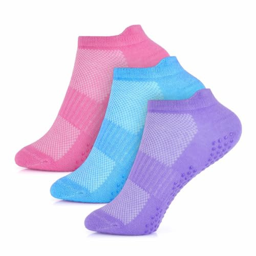GM Apparel Girls Kids Gripper Socks - 3 Pairs Assorted (4-6 Years UK), Non-Slip, Cushioned, Breathable, Ankle Length, Multicolour, 3 Count