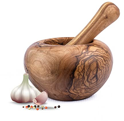 Mortel med mortel av olivträ, örtmortel, handgjord med naturkant, köksmortel trämortel – hållbara örter, kryddkorn (Ø 12 cm)