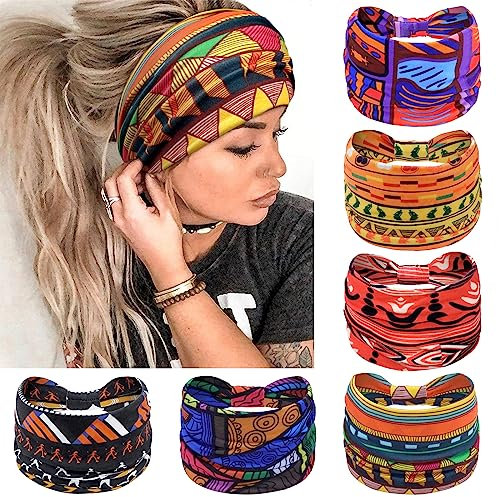PROPOG Afrique Bandeau Cheveux Femme, Large Serre Tete Femme Bohème Headband 6 Pièces Élasticité Bandana Accessoire Cheveux Femme (Bohème)