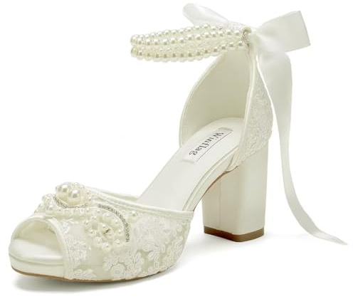 Winflag Lace Pearl Wedding Shoes for Bride High Heel Bridal Shoes Peep Toe Platform Wedding Heels-Ivory 1-7